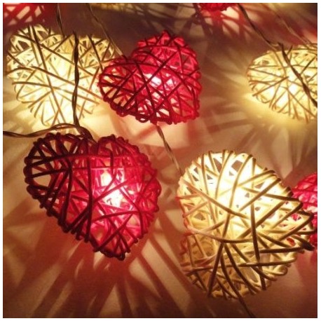 Red and White Heart Rattan LED Fairy Lights By Flowerglow 